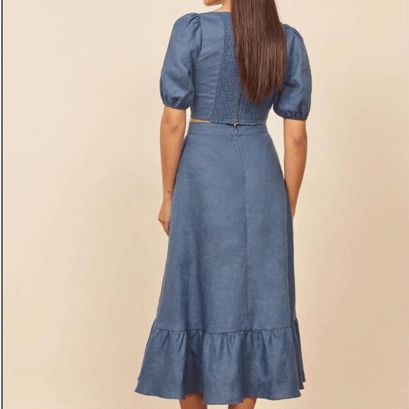 Reformation Skirt Women's Size 2 Blue 100% Linen Yucca Ruffle Midi Skirt Classy - Picture 2 of 6